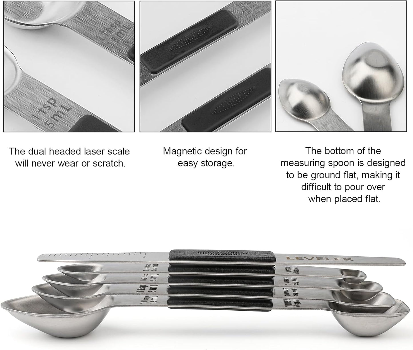 Magnetic Measuring Spoons Set Stainless Steel Double Sided Measuring Spoons | Measuring Teaspoon Tablespoon with 1 Leveler for Dry and Liquid Ingredients