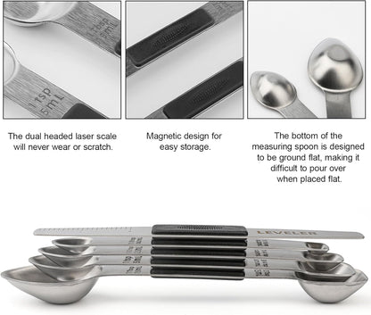 Magnetic Measuring Spoons Set Stainless Steel Double Sided Measuring Spoons | Measuring Teaspoon Tablespoon with 1 Leveler for Dry and Liquid Ingredients