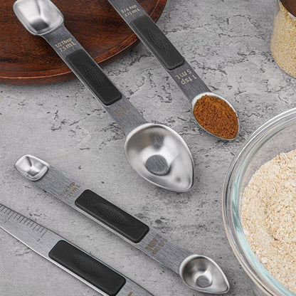 Magnetic Measuring Spoons Set Stainless Steel Double Sided Measuring Spoons | Measuring Teaspoon Tablespoon with 1 Leveler for Dry and Liquid Ingredients