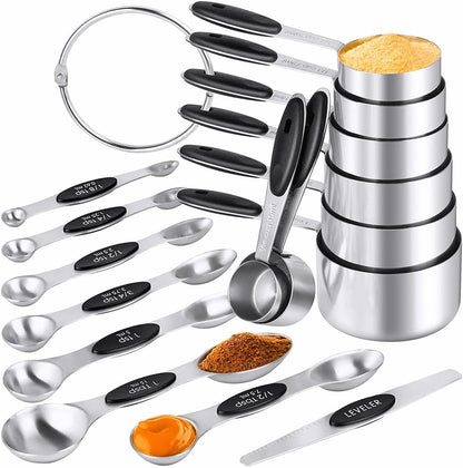 Measuring Cups & Spoons Set of 16, Stainless Steel 8 Nesting Measure Cups Set & 7 double-sided Magnetic Measuring Spoons Set & 1 Leveler for Dry and Liquid Ingredient