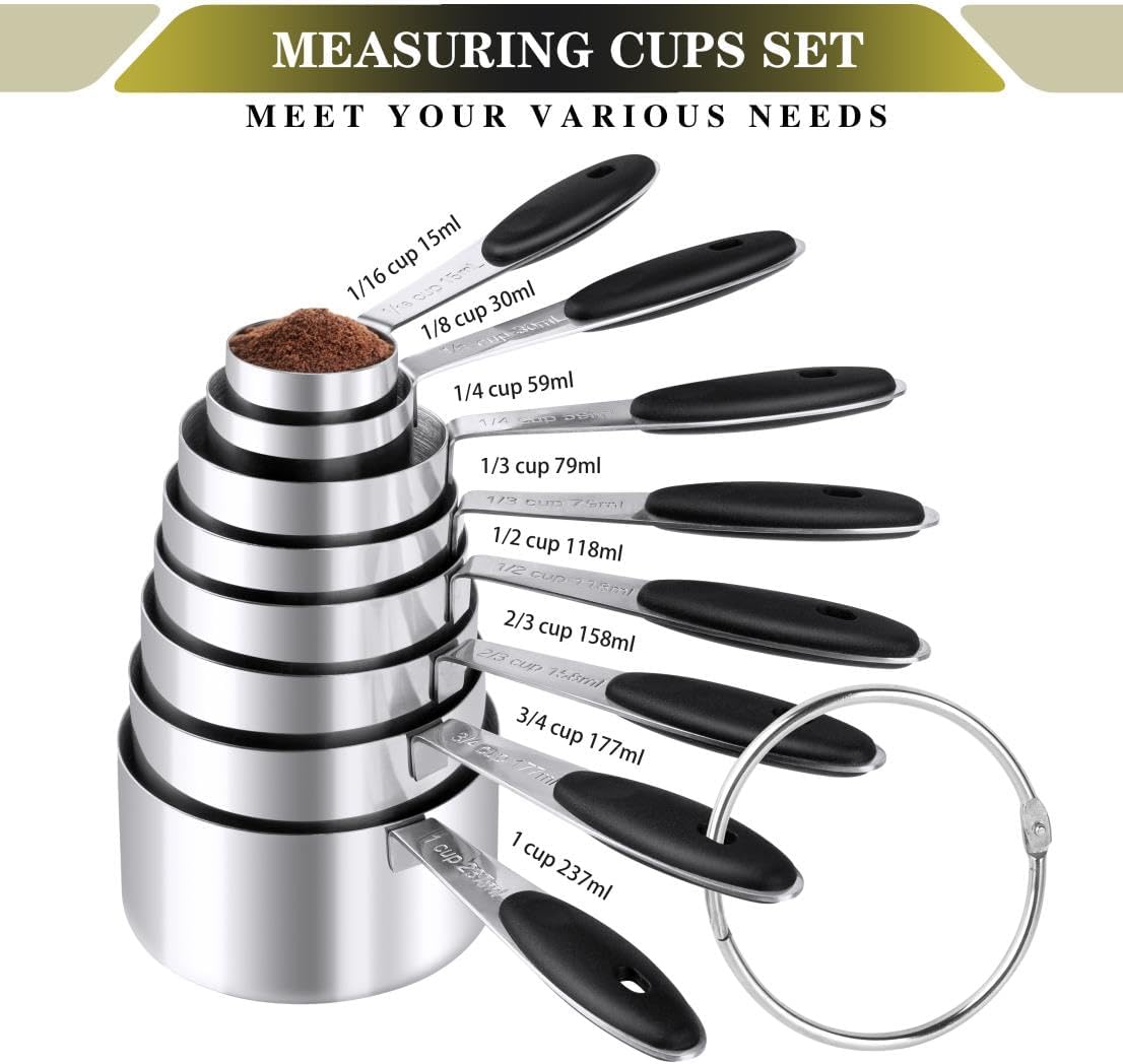 Measuring Cups & Spoons Set of 16, Stainless Steel 8 Nesting Measure Cups Set & 7 double-sided Magnetic Measuring Spoons Set & 1 Leveler for Dry and Liquid Ingredient