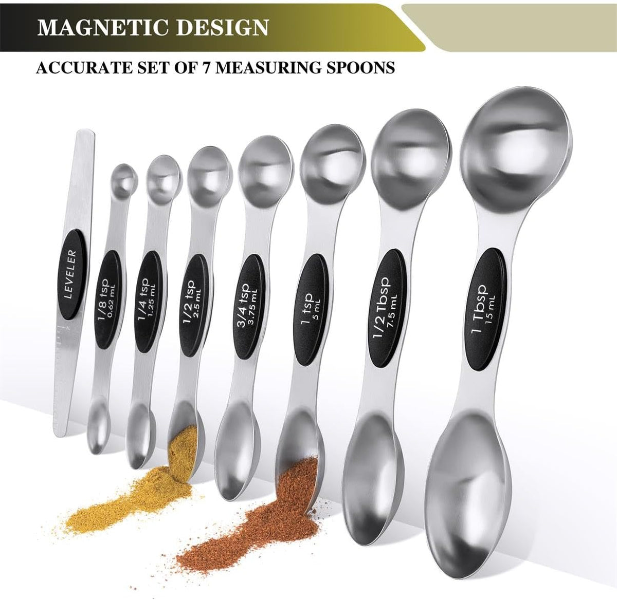 Measuring Cups & Spoons Set of 16, Stainless Steel 8 Nesting Measure Cups Set & 7 double-sided Magnetic Measuring Spoons Set & 1 Leveler for Dry and Liquid Ingredient