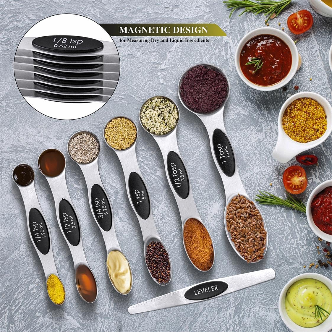 Measuring Cups & Spoons Set of 16, Stainless Steel 8 Nesting Measure Cups Set & 7 double-sided Magnetic Measuring Spoons Set & 1 Leveler for Dry and Liquid Ingredient