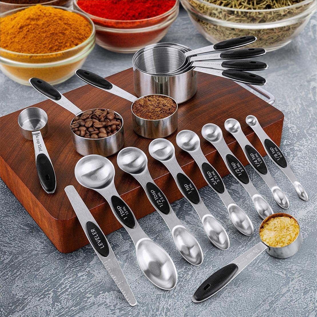 Measuring Cups & Spoons Set of 16, Stainless Steel 8 Nesting Measure Cups Set & 7 double-sided Magnetic Measuring Spoons Set & 1 Leveler for Dry and Liquid Ingredient