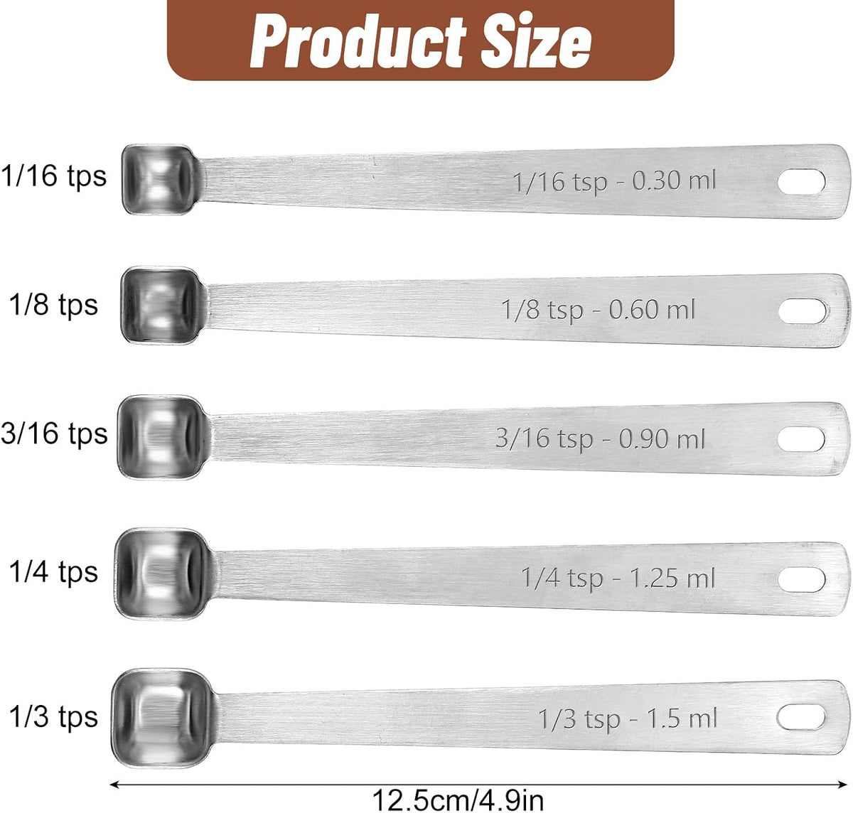 5PcsTeaspoon Measuring Spoons, 1/3, 1/4, 1/8, 1/16, 3/16 tsp, Mini Measuring Spoon, Square Bowl Measure Spoon Set, Small Stainless Steel Teaspoon for Measure Small Amount of Dry & Liquid Ingredients