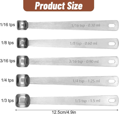5PcsTeaspoon Measuring Spoons, 1/3, 1/4, 1/8, 1/16, 3/16 tsp, Mini Measuring Spoon, Square Bowl Measure Spoon Set, Small Stainless Steel Teaspoon for Measure Small Amount of Dry & Liquid Ingredients
