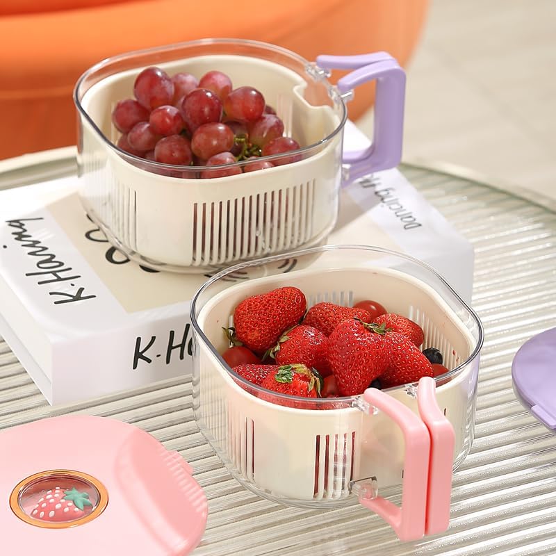 Fruit and Salad Washing Bowl with Strainer,Colander for Kitchen,Multi-Functional Vegetable and Food Drainer with Lid, Handle and Fork,Portable Fruit and Salad Containers for Fridge,BPA Free，Grape