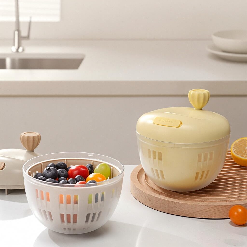 Fruit and Salad Washing Bowl with Strainer,Colander for Kitchen,Multi-Functional Vegetable and Food Drainer with Lid, Handle and Fork,Portable Fruit and Salad Containers for Fridge,BPA Free，Grape