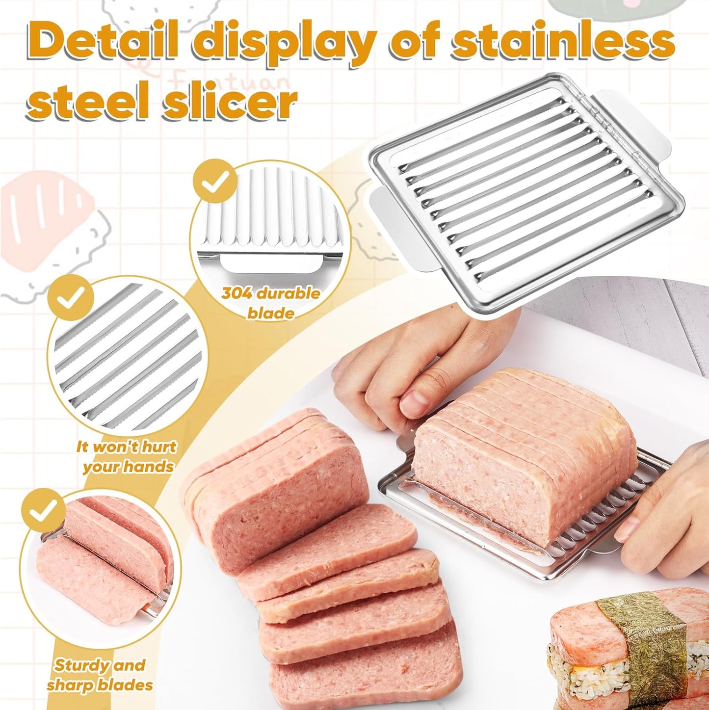 Musubi Press Mold Kit, 2 Pack Clear Musubi Maker with Stainless Steel 304 Luncheon Meat Slicer for SPAM