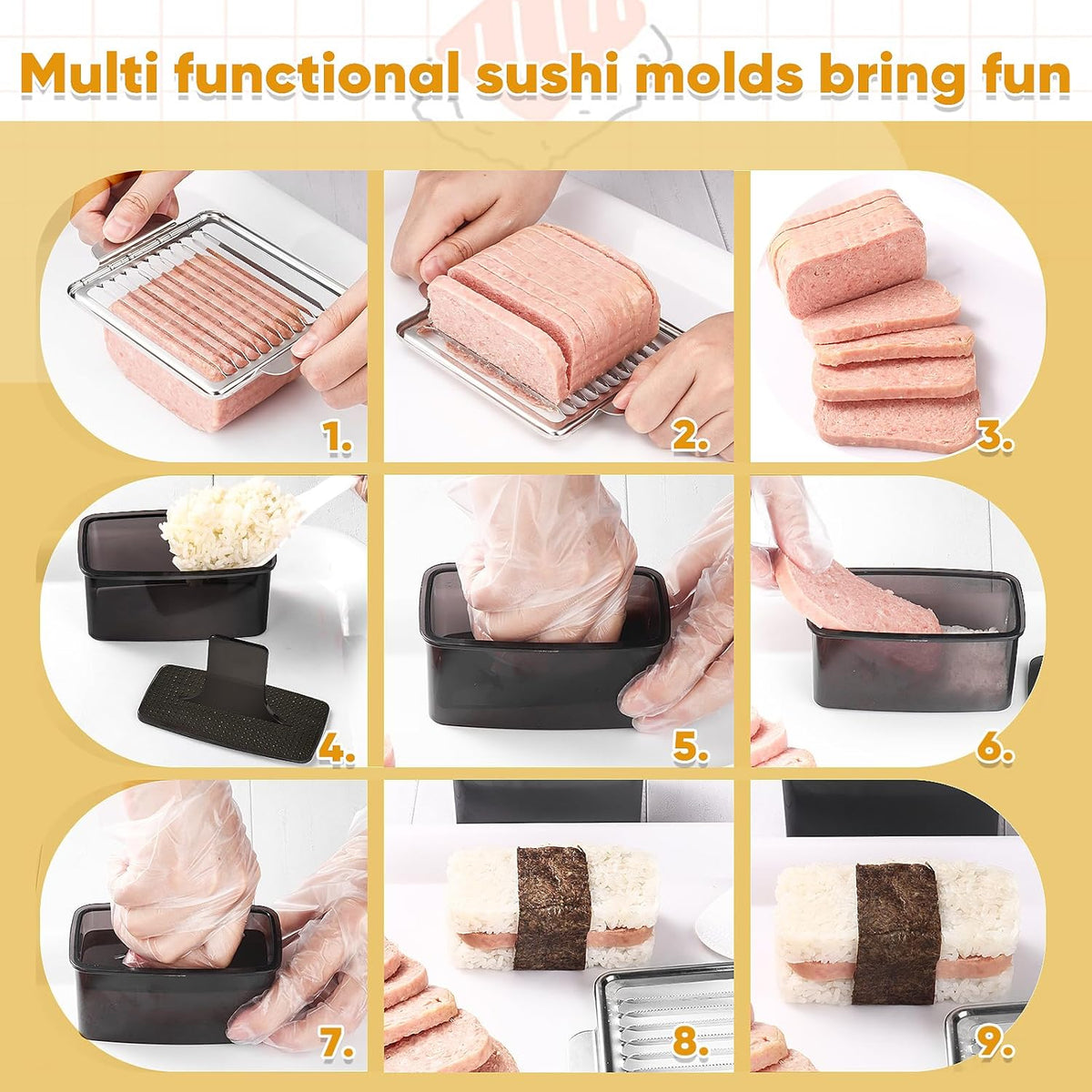 Musubi Press Mold Kit, 2 Pack Clear Musubi Maker with Stainless Steel 304 Luncheon Meat Slicer for SPAM