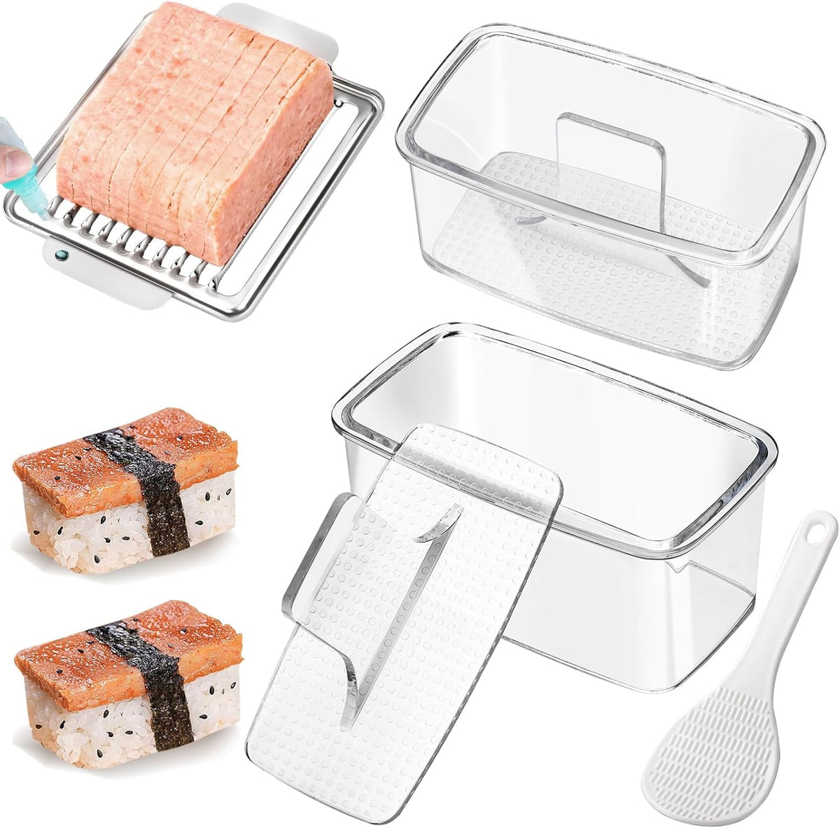 Musubi Press Mold Kit, 2 Pack Clear Musubi Maker with Stainless Steel 304 Luncheon Meat Slicer for SPAM