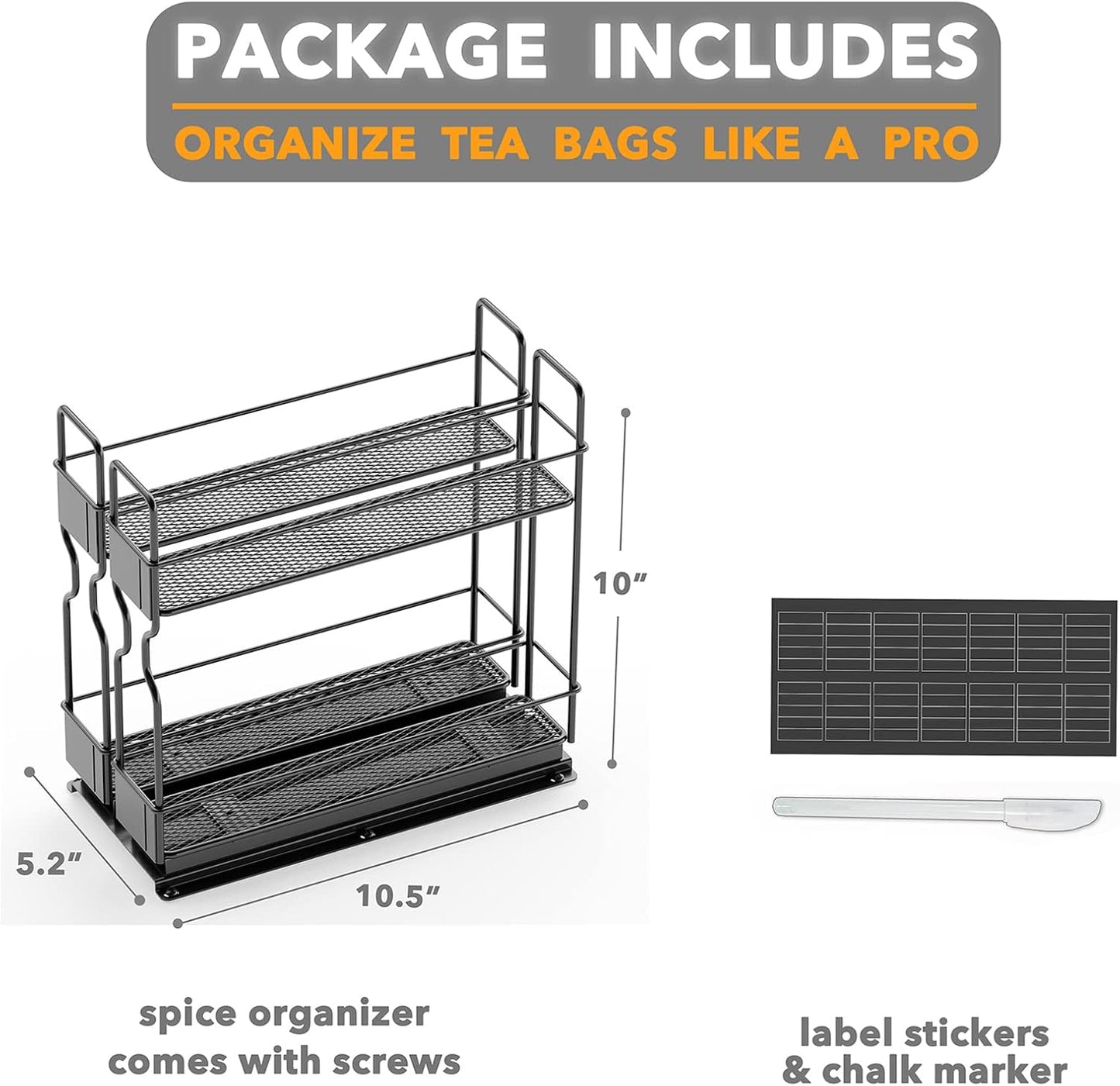 Pull Out Spice Rack Organizer for Cabinet, Heavy Duty Slide Out Seasoning Kitchen Organizer, Cabinet Organizer, with Labels, 5.2" W x10.75 D x10 H, 2 Drawers 2-Tier