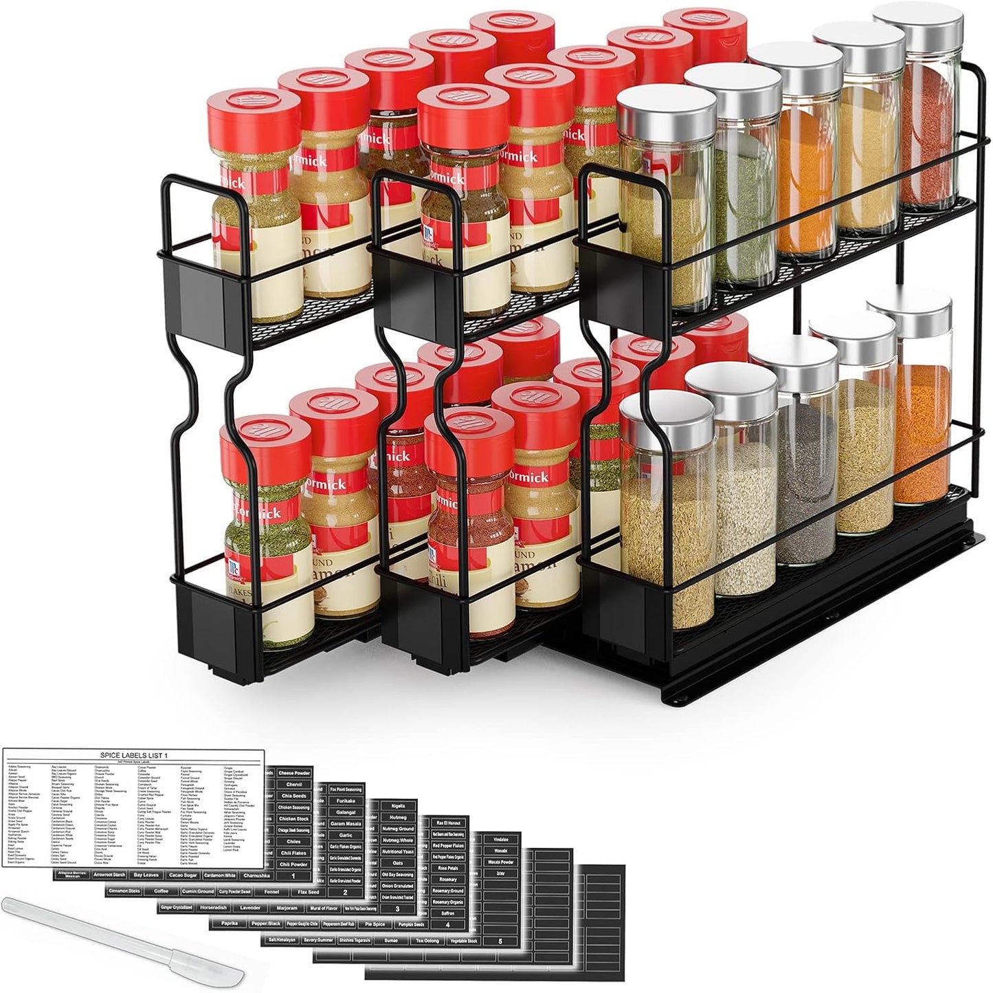 Pull Out Spice Rack Organizer for Cabinet, Heavy Duty Slide Out Seasoning Kitchen Organizer, Cabinet Organizer, with Labels, 5.2" W x10.75 D x10 H, 2 Drawers 2-Tier