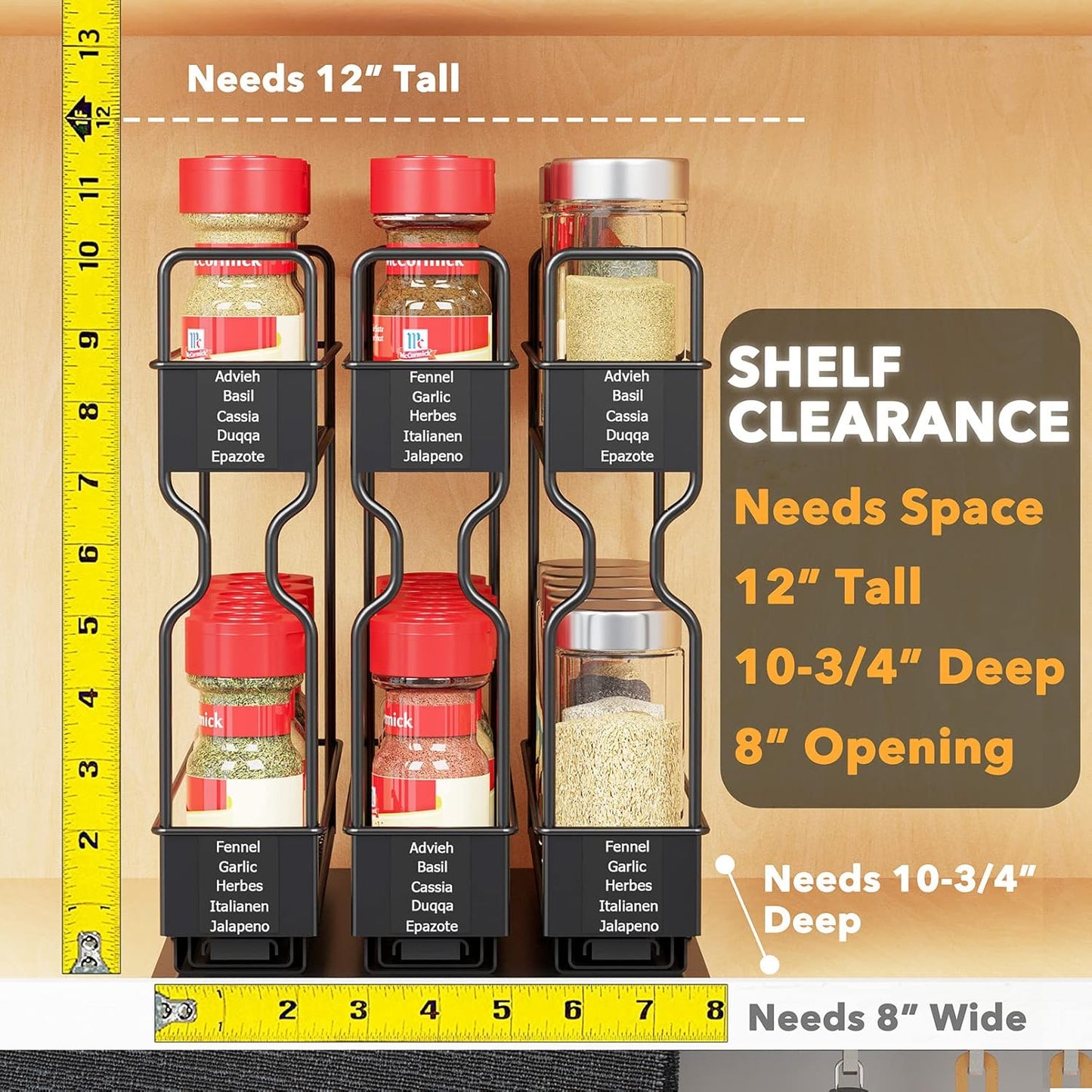 Pull Out Spice Rack Organizer for Cabinet, Heavy Duty Slide Out Seasoning Kitchen Organizer, Cabinet Organizer, with Labels, 5.2" W x10.75 D x10 H, 2 Drawers 2-Tier