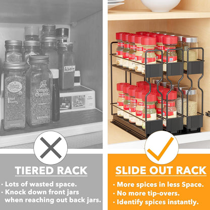 Pull Out Spice Rack Organizer for Cabinet, Heavy Duty Slide Out Seasoning Kitchen Organizer, Cabinet Organizer, with Labels, 5.2" W x10.75 D x10 H, 2 Drawers 2-Tier