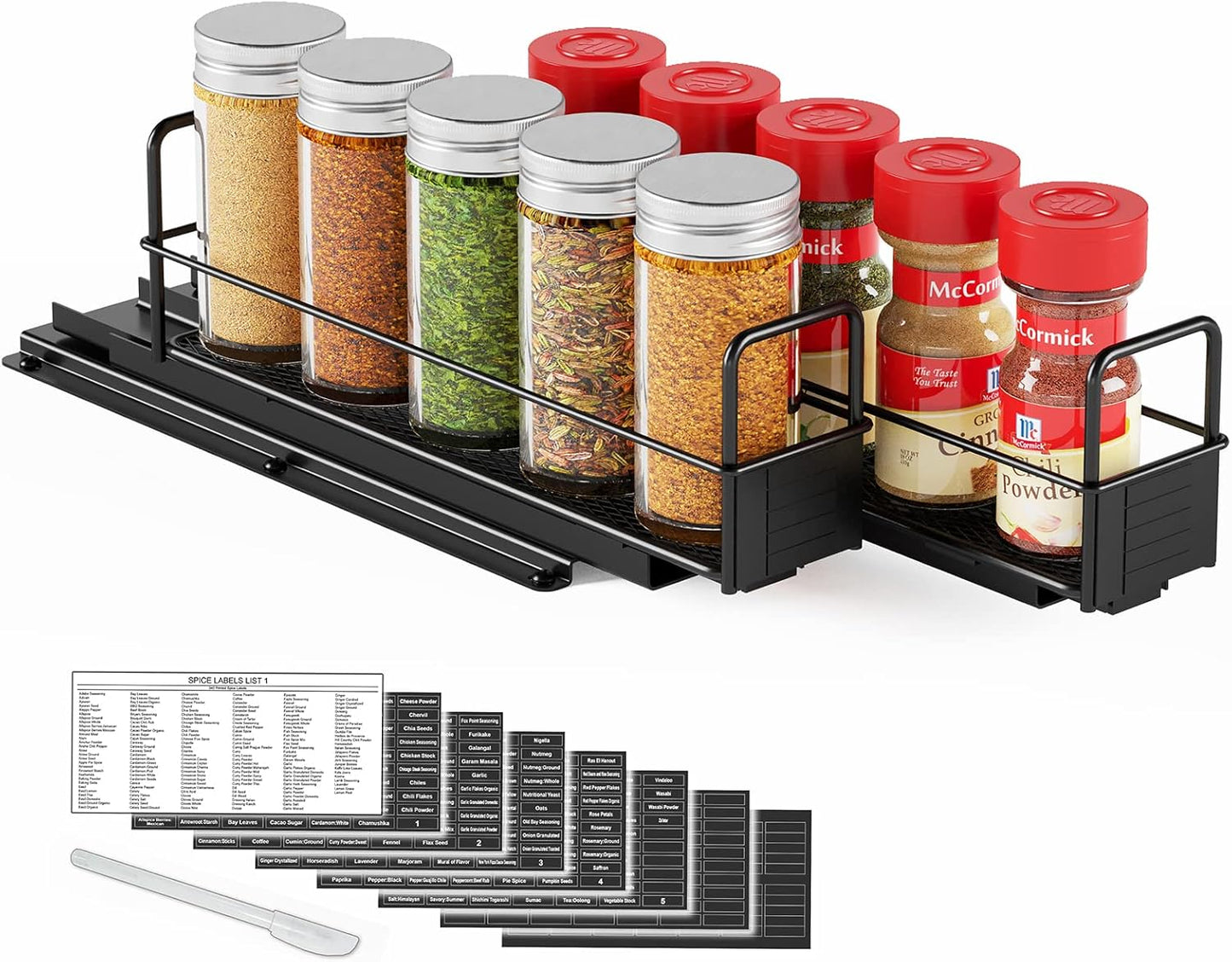 Pull Out Spice Rack Organizer for Cabinet, Heavy Duty Slide Out Seasoning Kitchen Organizer, Cabinet Organizer, with Labels, 5.2" W x10.75 D x10 H, 2 Drawers 2-Tier
