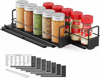Pull Out Spice Rack Organizer for Cabinet, Heavy Duty Slide Out Seasoning Kitchen Organizer, Cabinet Organizer, with Labels, 5.2" W x10.75 D x10 H, 2 Drawers 2-Tier
