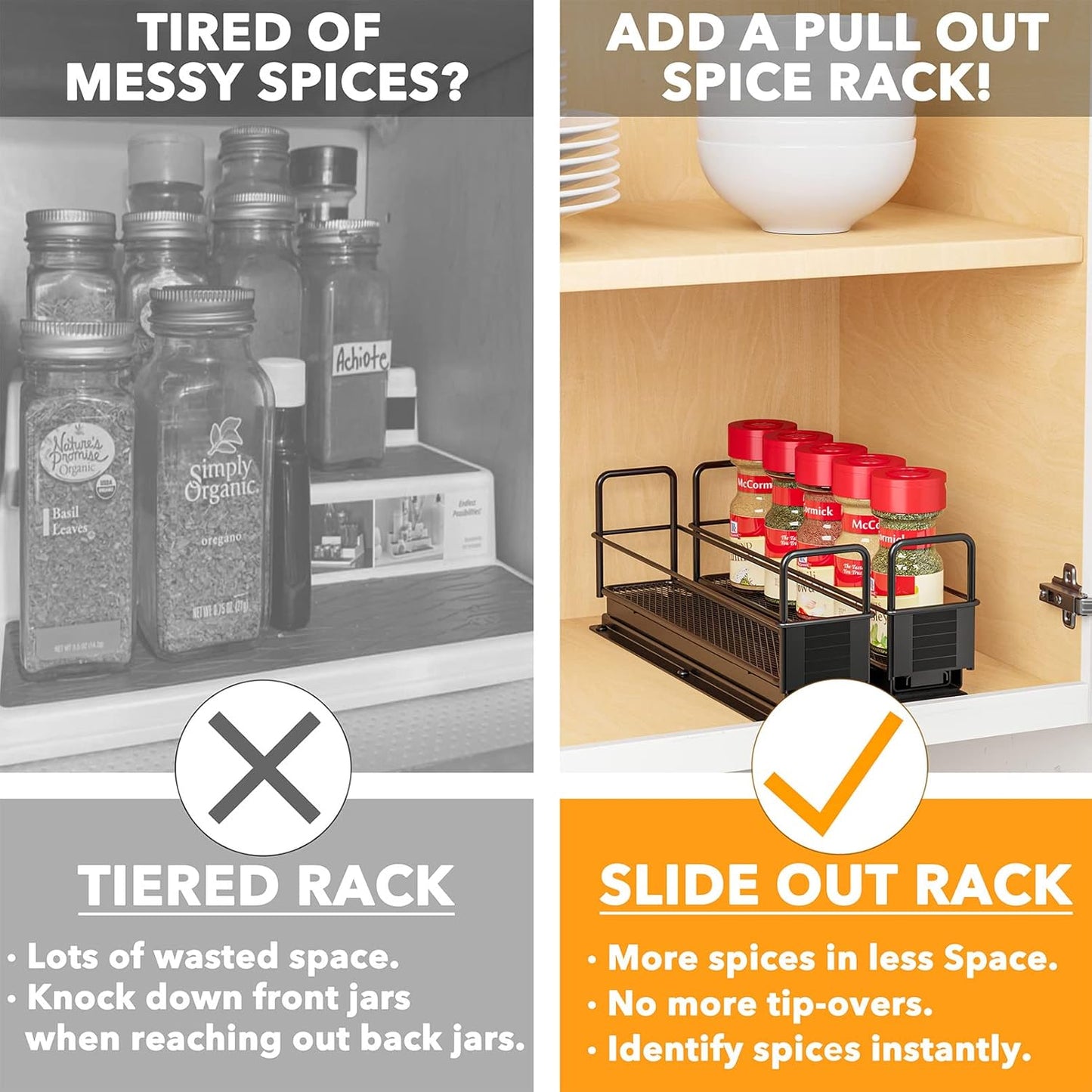 Pull Out Spice Rack Organizer for Cabinet, Heavy Duty Slide Out Seasoning Kitchen Organizer, Cabinet Organizer, with Labels, 5.2" W x10.75 D x10 H, 2 Drawers 2-Tier