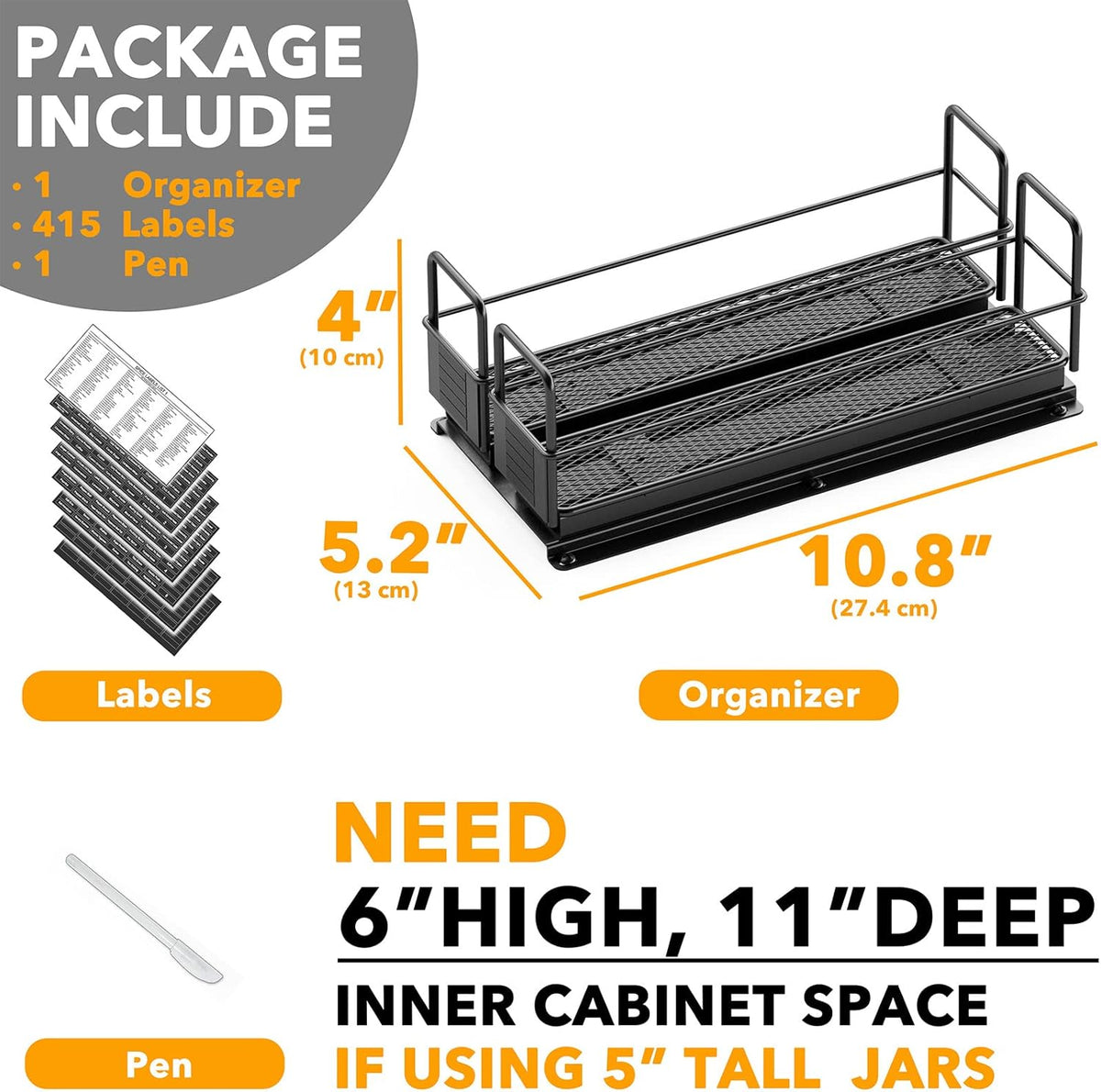 Pull Out Spice Rack Organizer for Cabinet, Heavy Duty Slide Out Seasoning Kitchen Organizer, Cabinet Organizer, with Labels, 5.2" W x10.75 D x10 H, 2 Drawers 2-Tier