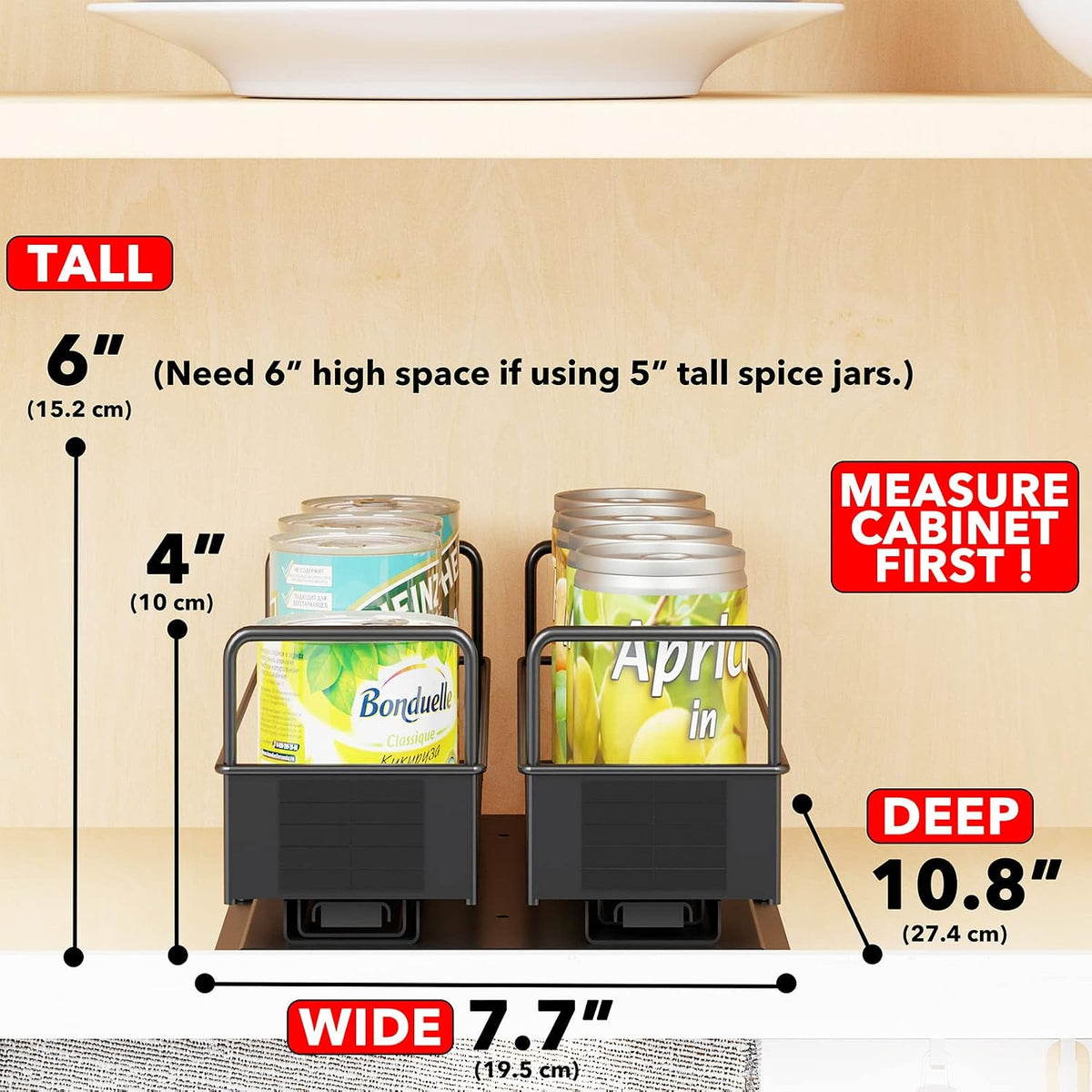Pull Out Spice Rack Organizer for Cabinet, Heavy Duty Slide Out Seasoning Kitchen Organizer, Cabinet Organizer, with Labels, 5.2" W x10.75 D x10 H, 2 Drawers 2-Tier