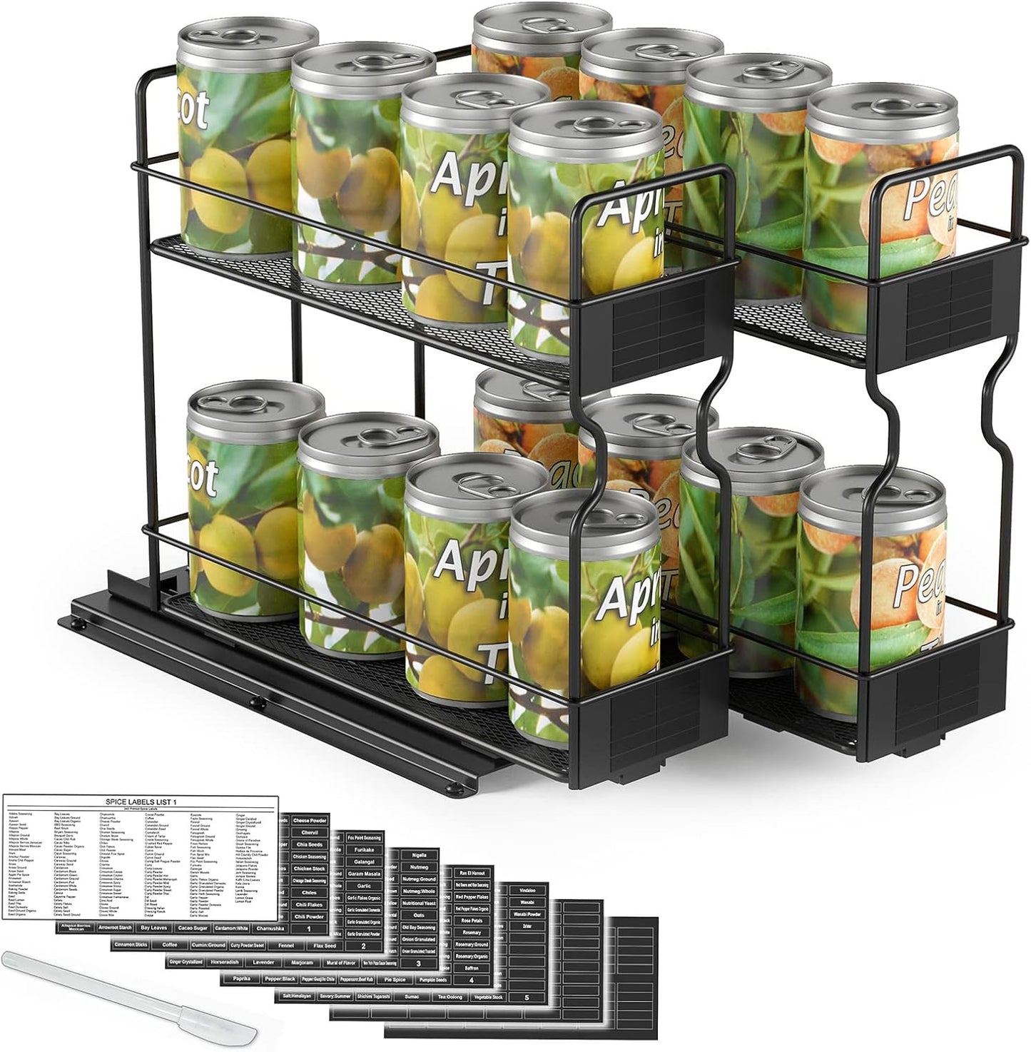 Pull Out Spice Rack Organizer for Cabinet, Heavy Duty Slide Out Seasoning Kitchen Organizer, Cabinet Organizer, with Labels, 5.2" W x10.75 D x10 H, 2 Drawers 2-Tier
