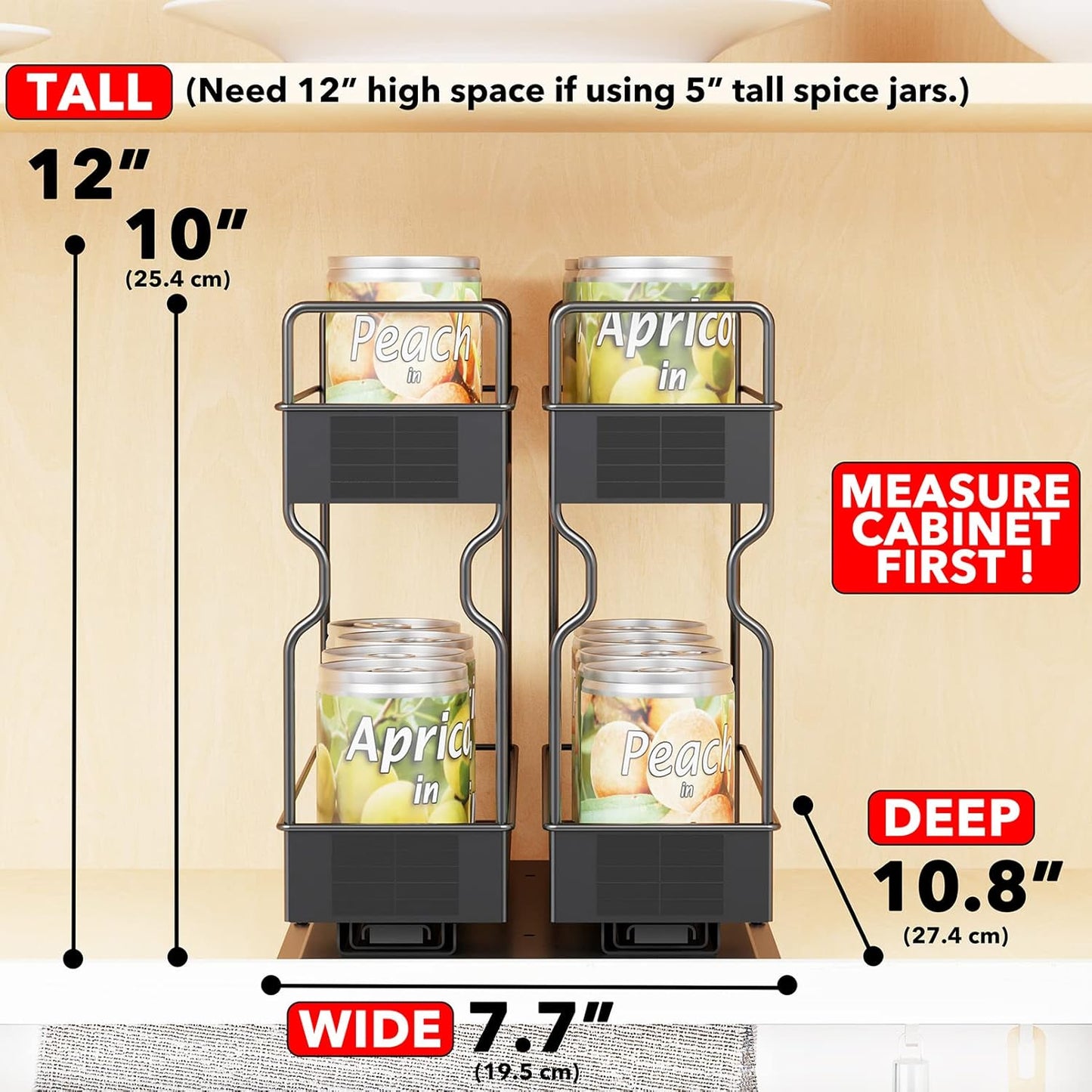 Pull Out Spice Rack Organizer for Cabinet, Heavy Duty Slide Out Seasoning Kitchen Organizer, Cabinet Organizer, with Labels, 5.2" W x10.75 D x10 H, 2 Drawers 2-Tier
