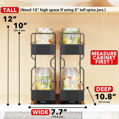 Pull Out Spice Rack Organizer for Cabinet, Heavy Duty Slide Out Seasoning Kitchen Organizer, Cabinet Organizer, with Labels, 5.2" W x10.75 D x10 H, 2 Drawers 2-Tier