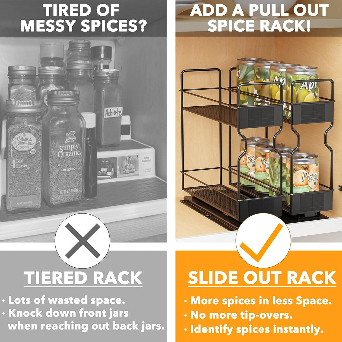 Pull Out Spice Rack Organizer for Cabinet, Heavy Duty Slide Out Seasoning Kitchen Organizer, Cabinet Organizer, with Labels, 5.2" W x10.75 D x10 H, 2 Drawers 2-Tier