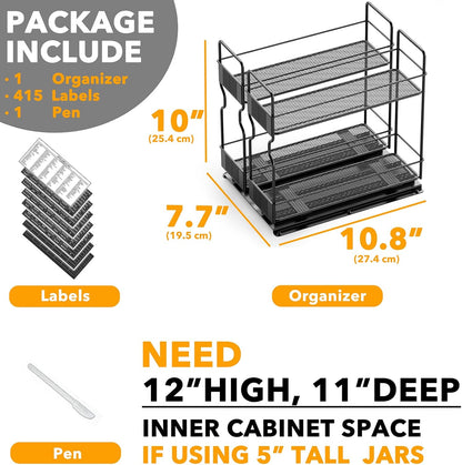 Pull Out Spice Rack Organizer for Cabinet, Heavy Duty Slide Out Seasoning Kitchen Organizer, Cabinet Organizer, with Labels, 5.2" W x10.75 D x10 H, 2 Drawers 2-Tier