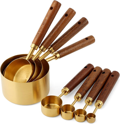 8Pcs Gold Measuring Cups and Spoons Set, Nesting Measuring Cups Wood Handle