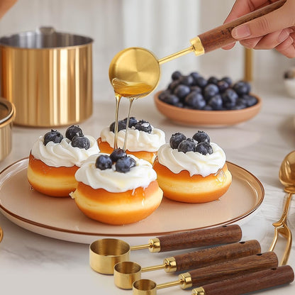 8Pcs Gold Measuring Cups and Spoons Set, Nesting Measuring Cups Wood Handle
