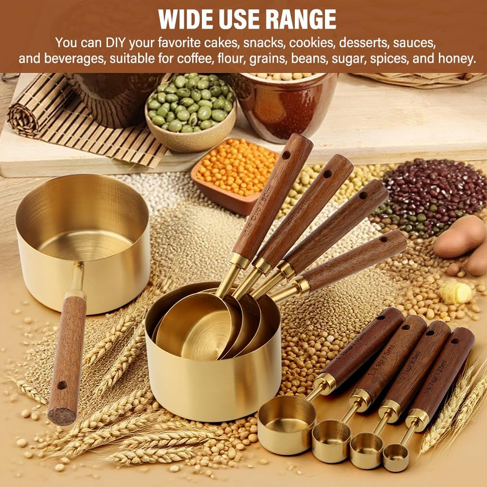 8Pcs Gold Measuring Cups and Spoons Set, Nesting Measuring Cups Wood Handle