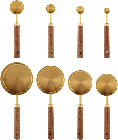 8Pcs Gold Measuring Cups and Spoons Set, Nesting Measuring Cups Wood Handle