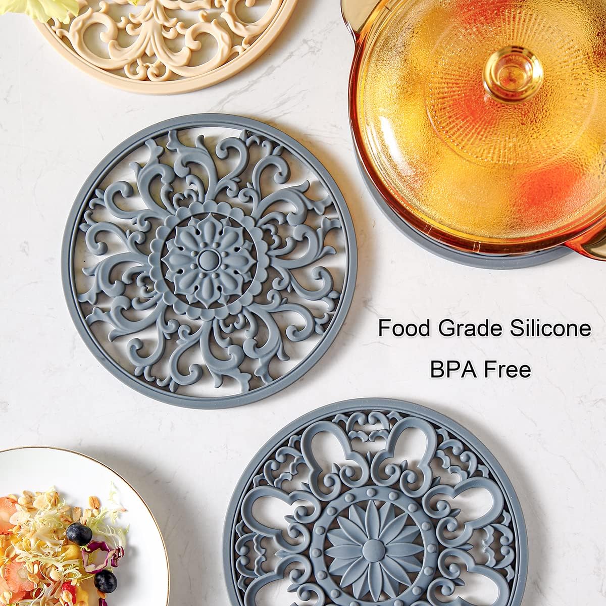 Extra Thick Silicone Trivet Mat for Hot Dishes, Hot Pots and Pans, Pot Holder, Hot Pad to Protect Your Table and Countertop, Kitchen Decor and Accessories,Black,Set of 3