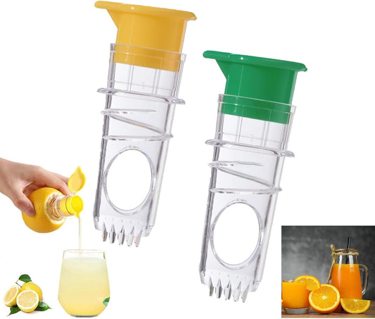 2Pcs Mini Lemon Squeezer, Compact Handheld Lemon Juicer with Lid & Built In Filter Screen, Small Manual Juicer for Lemon, Lime & Cocktails (Green+Yellow)
