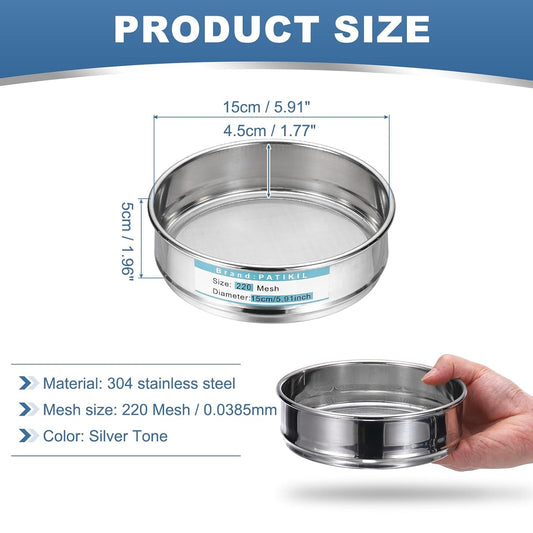 220 Mesh(0.0385mm) Lab Sieve, 5.9"(15cm) Diameter Sifting Screen 304 Stainless Steel Wire Cloth Fine Mesh Sieve for Industrial Laboratory Home Soil Sifter Dry Sift Screens Hash - Colors B
