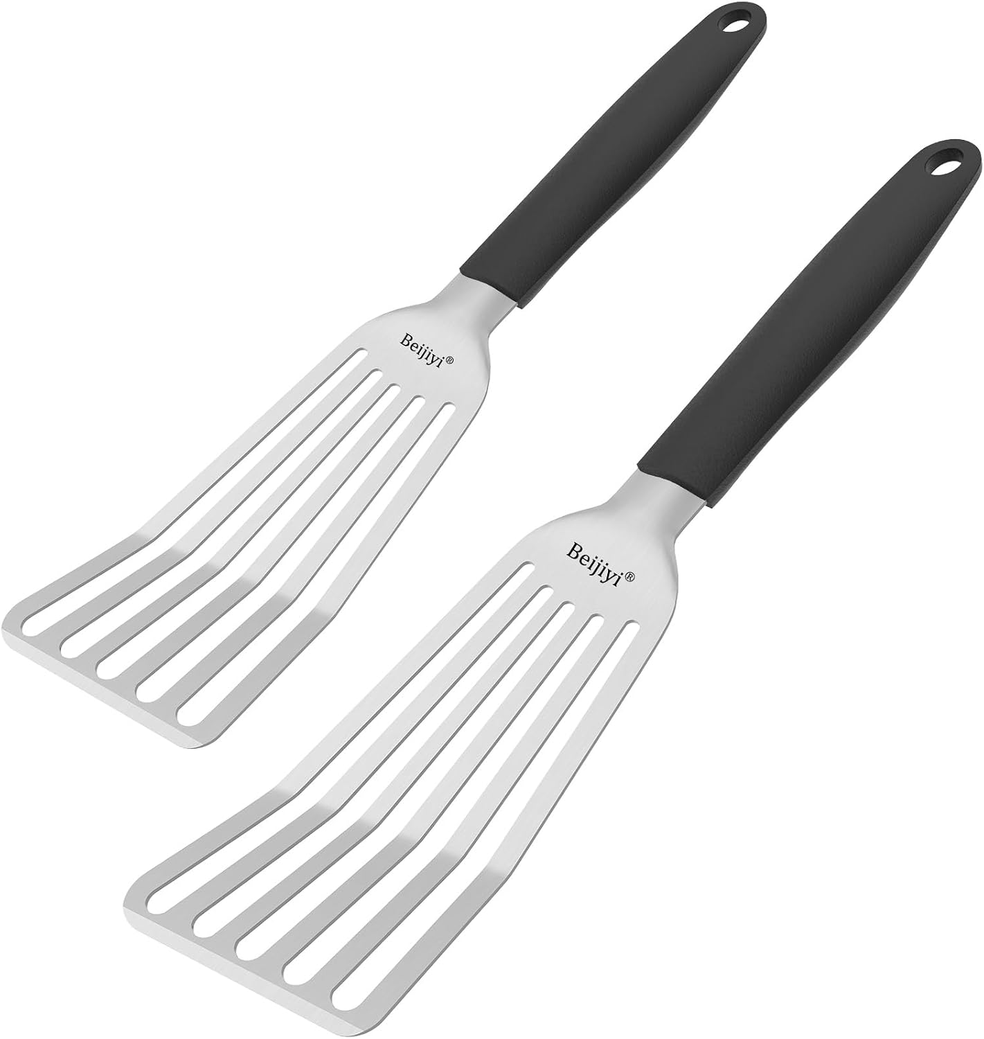 2 Pack Stainless Steel Fish Spatula, 13.5" & 11.7" | Full Tang Silicone Handle, Beveled Edge, Slotted, Metal Turner for Cast Iron Skillet, Turning & Flipping, Dishwasher Safe