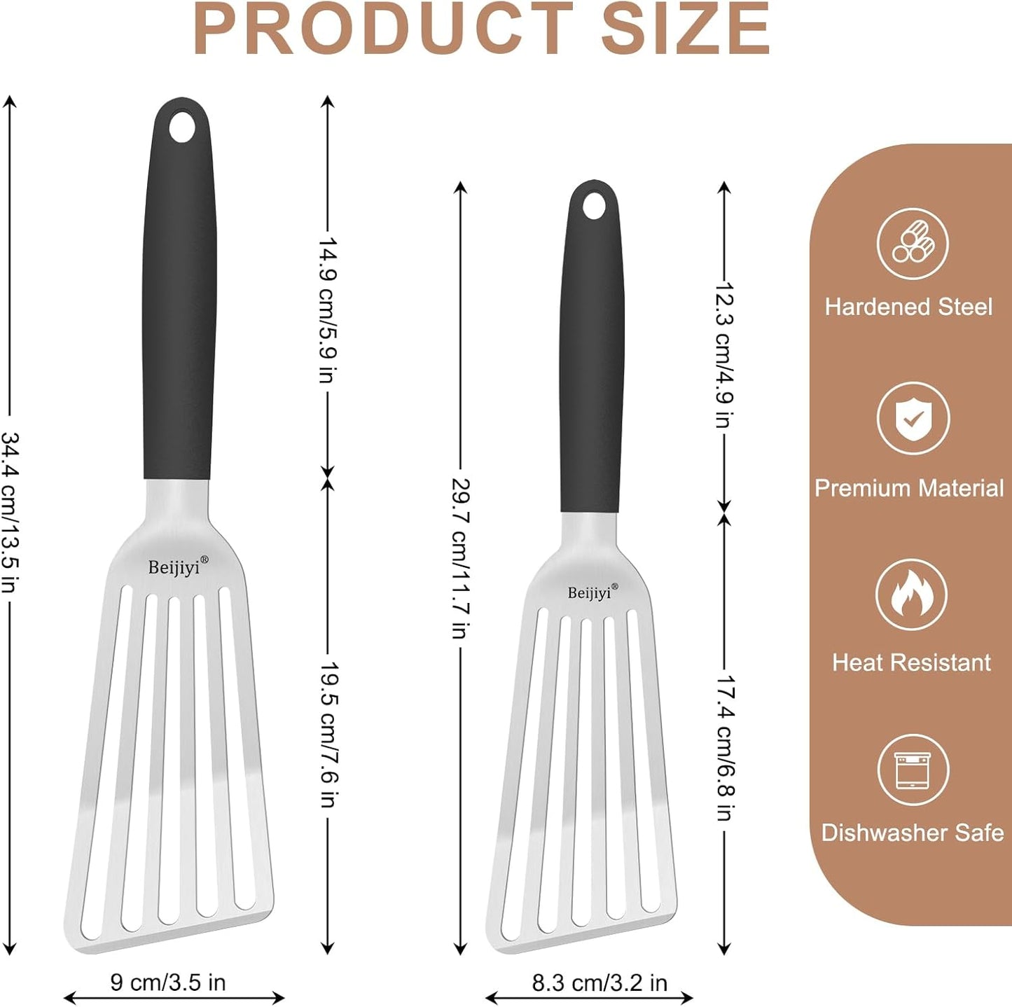 2 Pack Stainless Steel Fish Spatula, 13.5" & 11.7" | Full Tang Silicone Handle, Beveled Edge, Slotted, Metal Turner for Cast Iron Skillet, Turning & Flipping, Dishwasher Safe