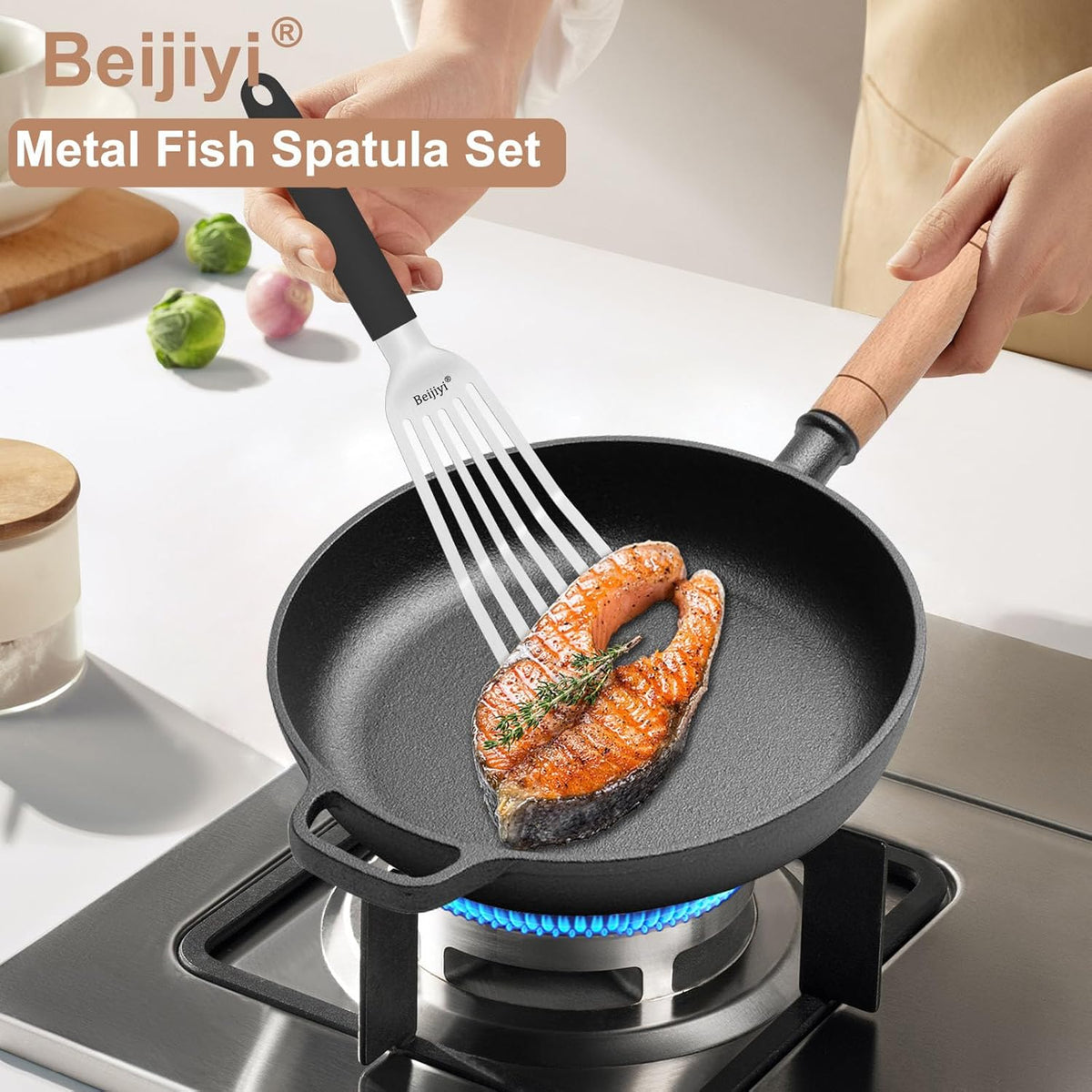 2 Pack Stainless Steel Fish Spatula, 13.5" & 11.7" | Full Tang Silicone Handle, Beveled Edge, Slotted, Metal Turner for Cast Iron Skillet, Turning & Flipping, Dishwasher Safe