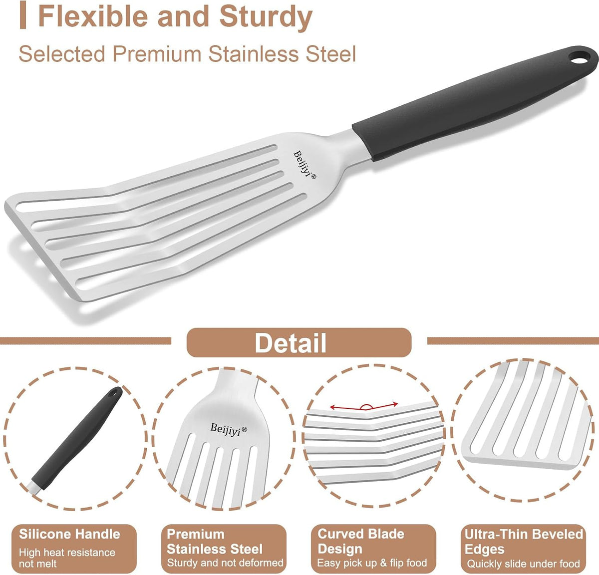2 Pack Stainless Steel Fish Spatula, 13.5" & 11.7" | Full Tang Silicone Handle, Beveled Edge, Slotted, Metal Turner for Cast Iron Skillet, Turning & Flipping, Dishwasher Safe