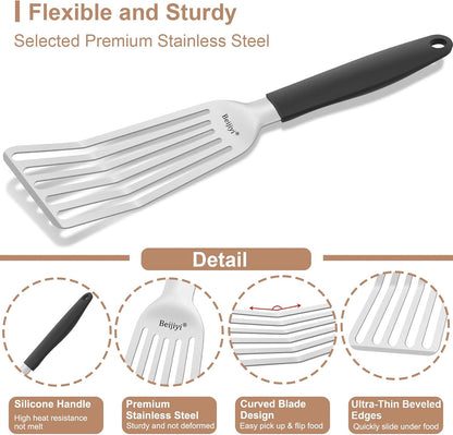 2 Pack Stainless Steel Fish Spatula, 13.5" & 11.7" | Full Tang Silicone Handle, Beveled Edge, Slotted, Metal Turner for Cast Iron Skillet, Turning & Flipping, Dishwasher Safe