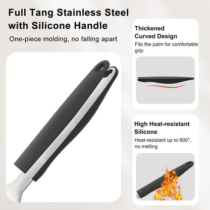 2 Pack Stainless Steel Fish Spatula, 13.5" & 11.7" | Full Tang Silicone Handle, Beveled Edge, Slotted, Metal Turner for Cast Iron Skillet, Turning & Flipping, Dishwasher Safe