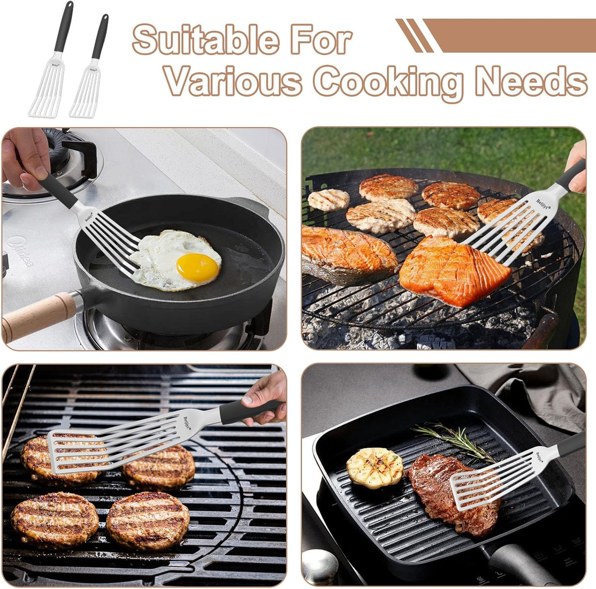 2 Pack Stainless Steel Fish Spatula, 13.5" & 11.7" | Full Tang Silicone Handle, Beveled Edge, Slotted, Metal Turner for Cast Iron Skillet, Turning & Flipping, Dishwasher Safe