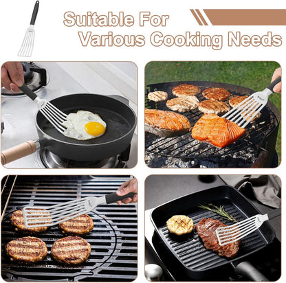 2 Pack Stainless Steel Fish Spatula, 13.5" & 11.7" | Full Tang Silicone Handle, Beveled Edge, Slotted, Metal Turner for Cast Iron Skillet, Turning & Flipping, Dishwasher Safe