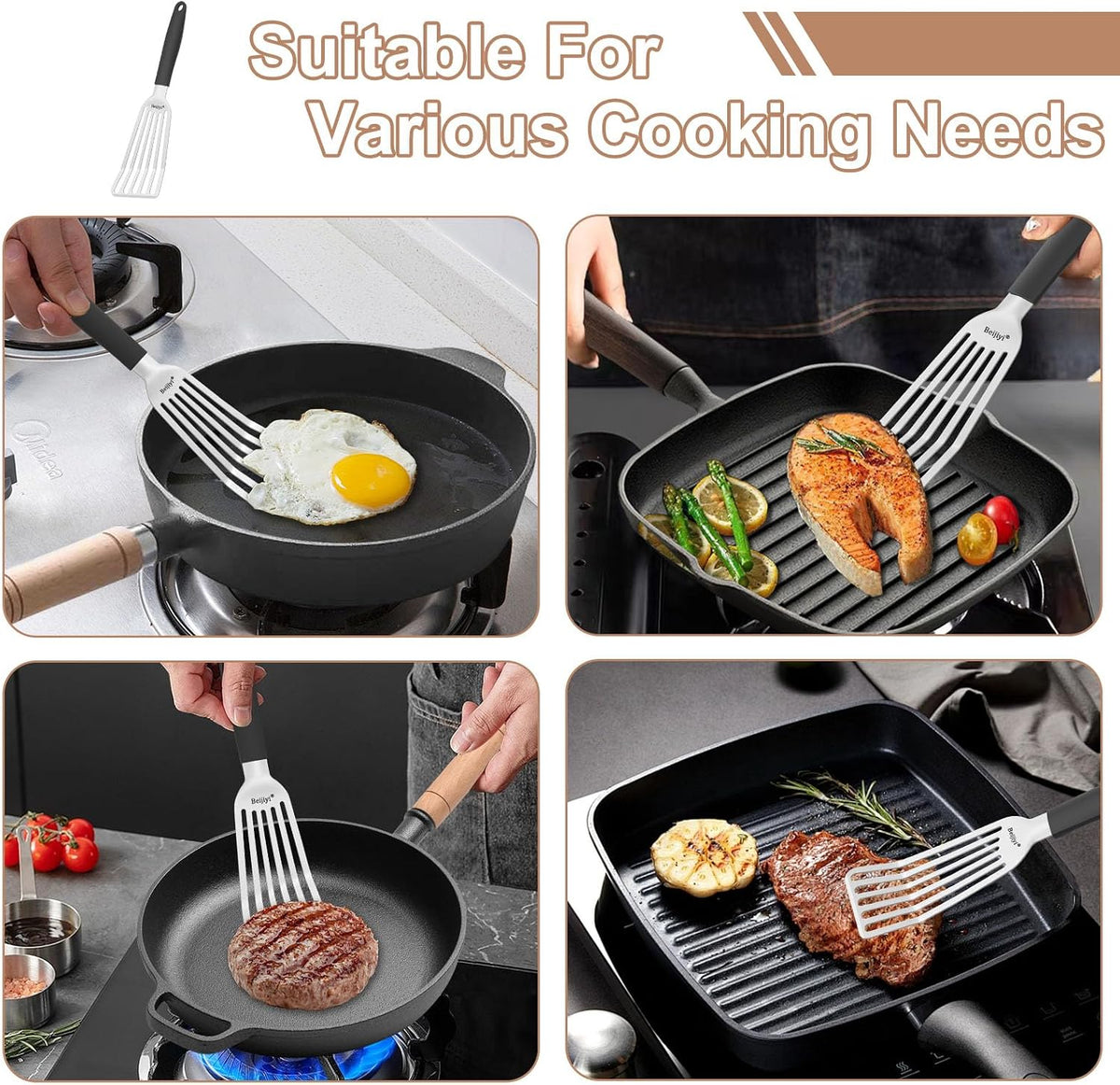 2 Pack Stainless Steel Fish Spatula, 13.5" & 11.7" | Full Tang Silicone Handle, Beveled Edge, Slotted, Metal Turner for Cast Iron Skillet, Turning & Flipping, Dishwasher Safe