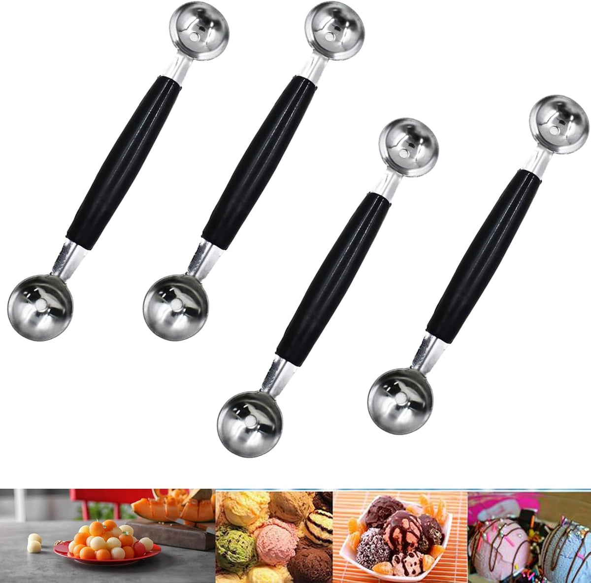 4 Pack Double Ended Headed Fruit Icecream Ball Spoon Melon Baller