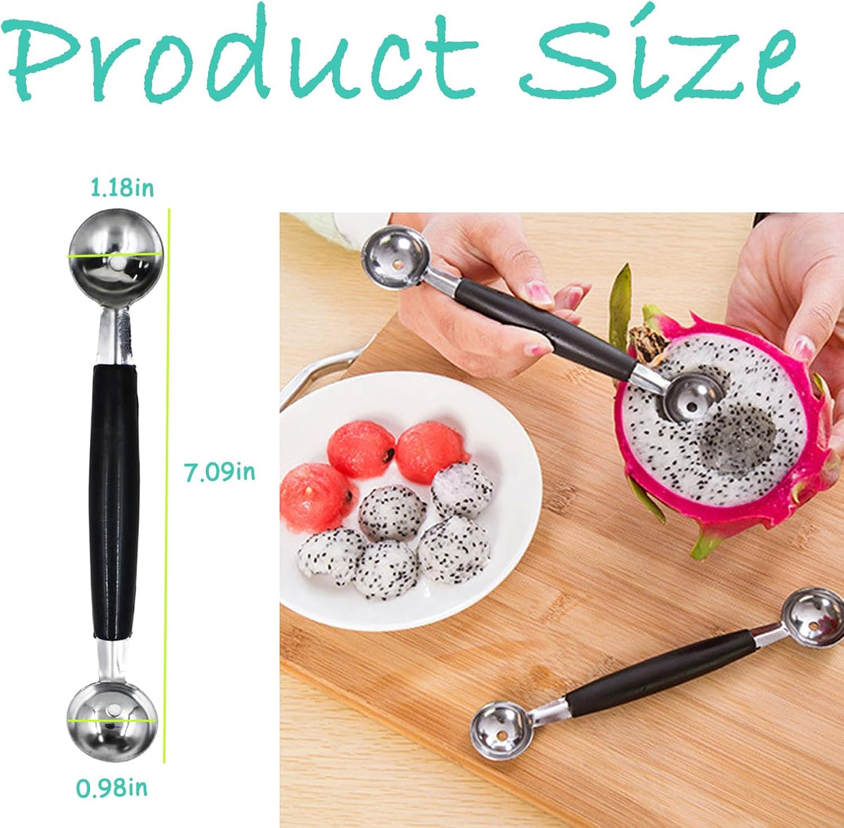4 Pack Double Ended Headed Fruit Icecream Ball Spoon Melon Baller