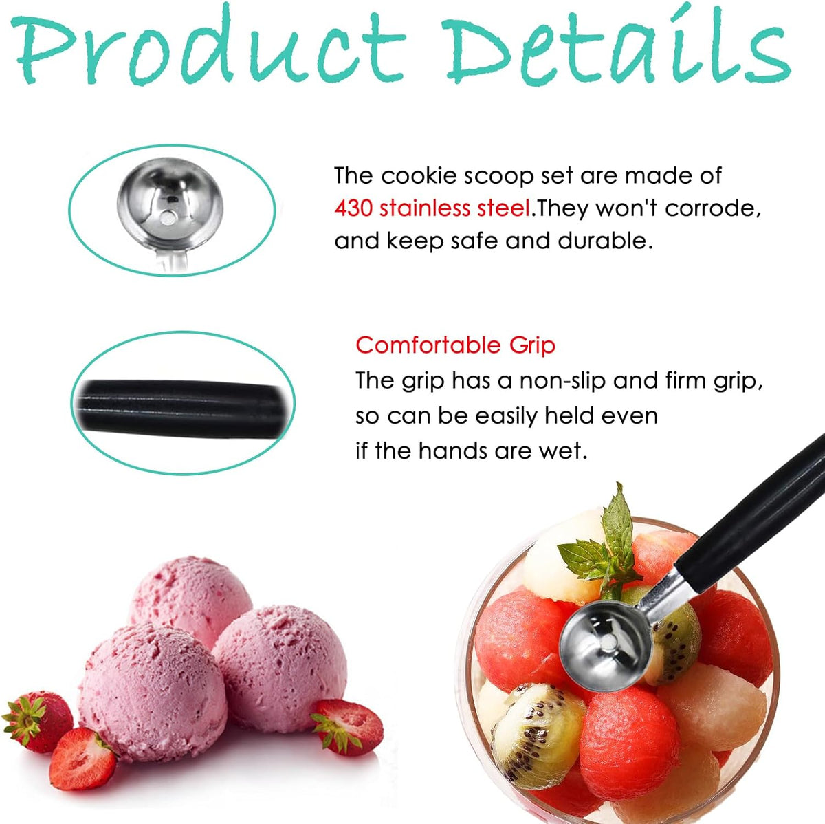 4 Pack Double Ended Headed Fruit Icecream Ball Spoon Melon Baller