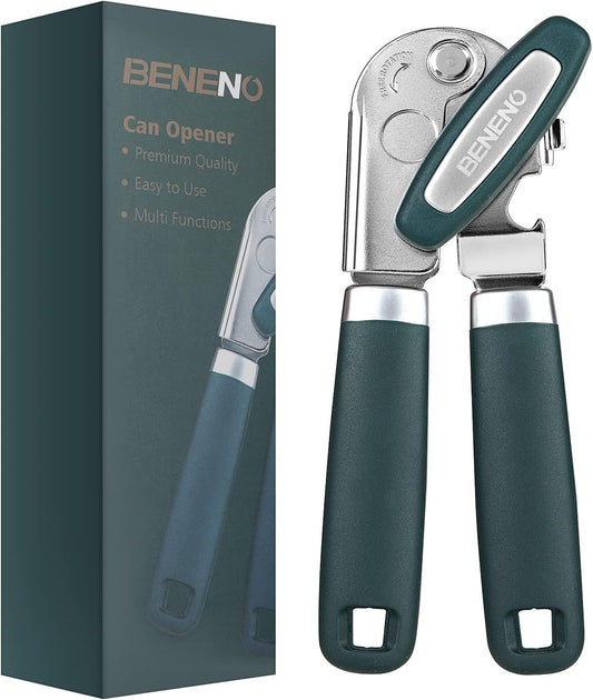 Heavy Duty Hand Can Opener Manual with Magnet Lid Remover, Green | Razor-Sharp Carbon Steel Blade, Precise Smooth Cutting Gear, Big Effort-Saving Knob, Soft Grip Handle, Built-in Bottle Opener