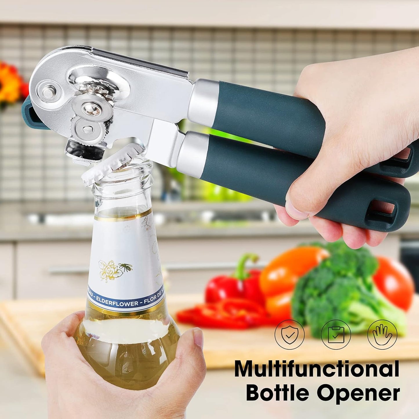 Heavy Duty Hand Can Opener Manual with Magnet Lid Remover, Green | Razor-Sharp Carbon Steel Blade, Precise Smooth Cutting Gear, Big Effort-Saving Knob, Soft Grip Handle, Built-in Bottle Opener